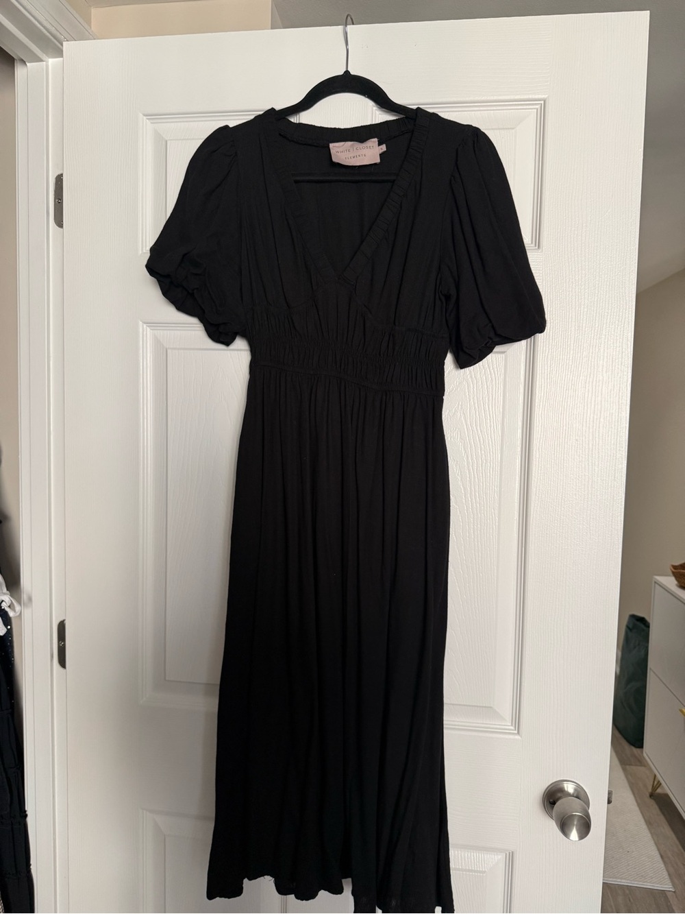 Black V-Neck Midi Dress with Puff Sleeves